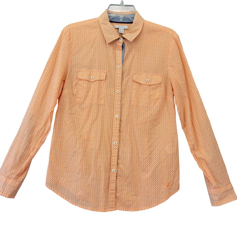 Nautica Womens Size M Orange White Shirt Blouse Classic Long Sleeves Buttons Top